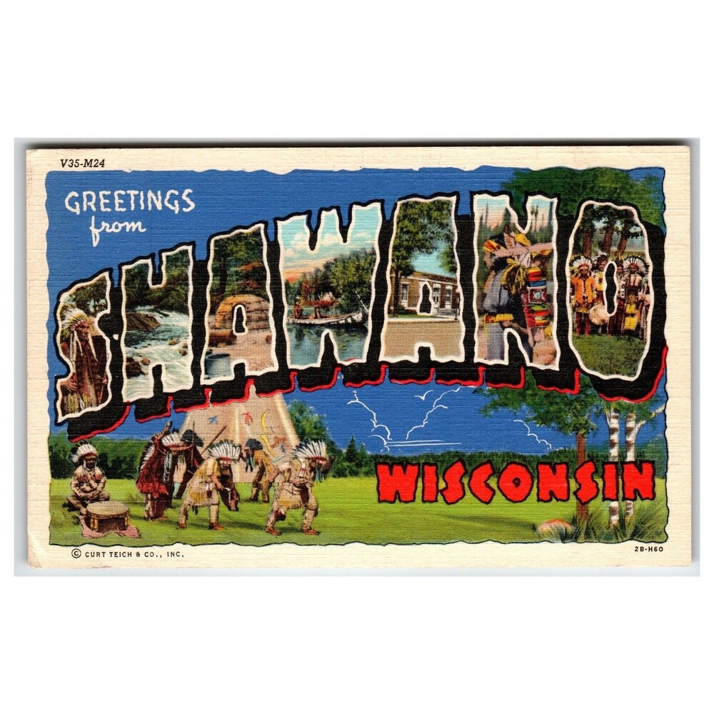 Greetings from Shawano Wisconsin Large Letter Linen Postcard Native American